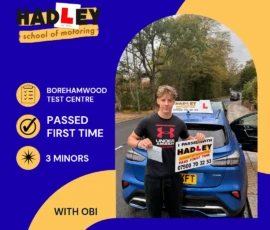 Henry - 02/09/2026 Image of recent passer with icons displaying first time pass with 3 minors at Borehamwood with Obi