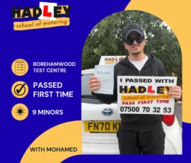 Hesham - 04/09/2026 Image of recent passer with icons displaying first time pass with 9 minors at Borehamwood with Mohamed