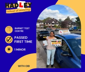 Ishari - 23/09/2026 Image of recent passer with icons displaying first time pass with 1 minor at Barnet with Obi