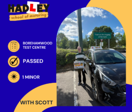 Isobel - 13/06/2026 Image of recent passer with icons displaying passed with 1 minor with Scott at Borehamwood