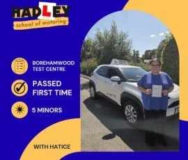 Izzy - 31/07/2026 Image of recent passer with icons displaying first time pass with 5 minors at Borehamwood with Hatice