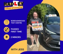 Jessica - 26/05/2026 Image of recent passer with icons displaying first time pass with 2 minors with Jess at Borehamwood