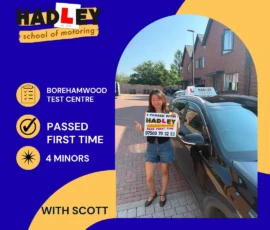 Jiawen - 10/07/2026 Image of recent passer with icons displaying first time pass with 4 minors at Borehamwood with Scott