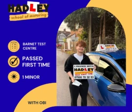 Joe - 19/09/2026 Image of recent passer with icons displaying first time pass with 1 minor at Barnet with Obi