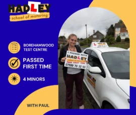 Kerry - 17/09/2026 Image of recent passer with icons displaying first time pass with 4 minors at Borehamwood with Paul