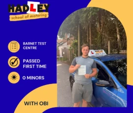 Kevin - 29/04/2026 Image of recent passer with icons displaying first time pass with 0 minors with Obi at Barnet test centre