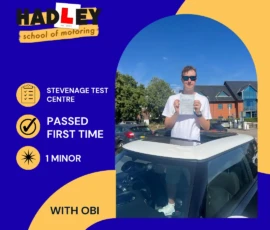 Kieran - 23/07/02026 Image of recent passer with icons displaying first time pass with 1 minor at Stevenage with Obi