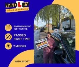 Leah - 13/10/2026 Image of recent passer with icons displaying pass first time with 2 minors at Borehamwood with Scott