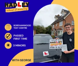 Lenny - 11/05/2026 Image of recent passer with icons displaying first time pass with 3 minors at Borehamwood with George