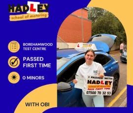 Lily - 18/08/2026 Image of recent passer with icons displaying first time pass with 0 minors at Borehamwood with Obi
