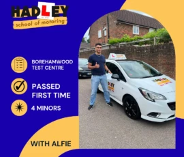Louis - 14/07/2026 Image of recent passer with icons displaying first time pass with 4 minors at Borehamwood with Alfie