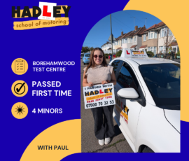 Maisie - 09/09/2026 Image of recent passer with icons displaying first time pass with 4 minors at Borehamwood with Paul