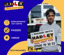 Mohamed - 25/07/2026 Image of a recent passer with icons displaying passed with 1 minor at Borehamwood with Mohamed