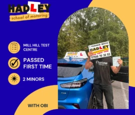 Mohammed - 04/08/2026 Image of recent passer with icons displaying first time pass with 2 minors at Mill Hill with Obi