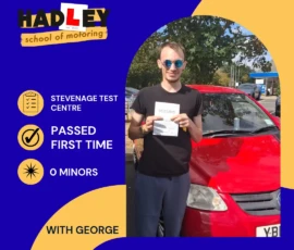 Nathan - 24/08/2026 Image of recent passer with icons displaying first time pass with 0 minors at Stevenage with George