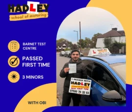 Naveed - 05/10/2026 Image of recent passer with icons displaying passed first time with 3 minors at Barnet with Obi