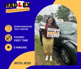 Noor - 03/06/2026 Image of recent passer with icons displaying first time pass with 5 minors at Borehamwood with Jess