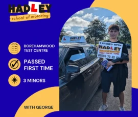Oliver - 05/10/2026 Image of recent passer with icons displaying first time pass with 3 minors at Borehamwood with George