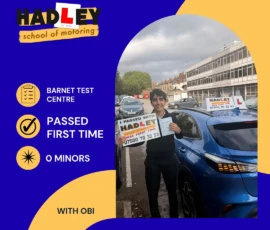 Ormazd - 09/10/2026 Image of recent passer with icons displaying pass first time with 0 minors at Barnet with Obi
