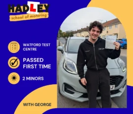 Oscar - 05/10/2026 Image of recent passer with icons displaying passed first time with 2 minors at Watford with George