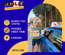 Ozgur - 22/06/2026 Image of recent passer with icons displaying first time pass with 4 minors at Barnet with Obi