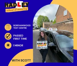 Porscha - 18/05/2026 Image of recent passer with icons displaying first time pass with 1 minor with Scott at Borehamwood