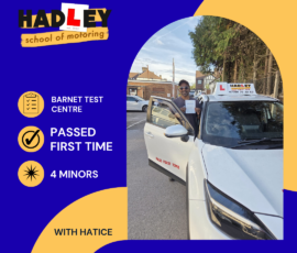 Raj - 30/09/2026 Image of recent passer with icons displaying first time pass with 4 minors at Barnet with Hatice