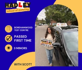 Rana - 03/09/2026 Image of recent passer with icons displaying first time pass with 3 minors at Borehamwood with School