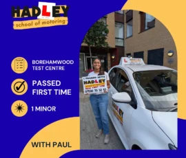 Serena - 22/07/2026 Image of recent passer with icons displaying first time pass with 1 minor at Borehamwood with Paul