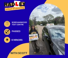 Siyena - 20/05/2026 Image of recent passer with icons displaying passed with 6 minors with Scott at Borehamwood
