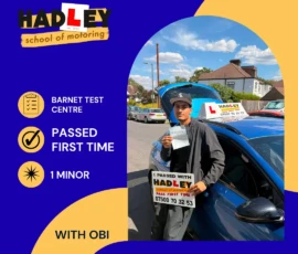 Stef - 01/08/2026 Image of recent passer with icons displaying pass first time with 1 minor at Barnet with Obi