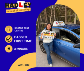 Susan - 17/09/2026 Image of recent passer with icons displaying first time pass with 3 minors at Barnet with Obi