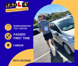 Taylor - 12/08/2026 Image of recent passer with icons displaying first time pass with 1 minor at Borehamwood with George