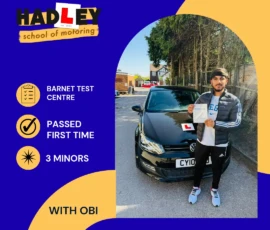 Umer - 27/04/2026 Image of recent passer with icons displaying first time pass with 3 minors with Obi at Barnet test centre