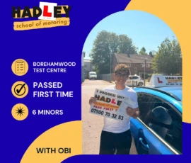 Xavier - 13/08/2026 Image of recent passer with icons displaying first time pass with 6 minors at Borehamwood with Obi