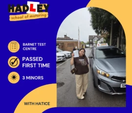 Zahra - 08/09/2026 Image of recent passer with icons displaying first time pass with 3 minors at Barnet with Hatice